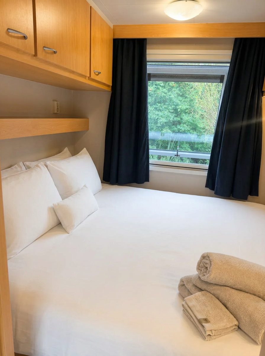 Slaapkamer met houten balken en uitzicht op het riet