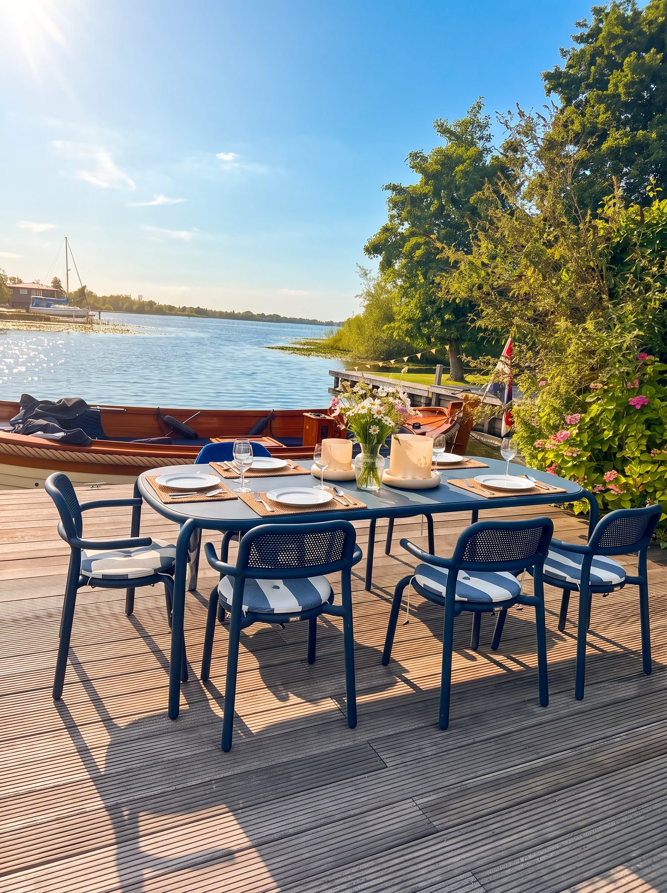 Terras aan het water bij zonsondergang